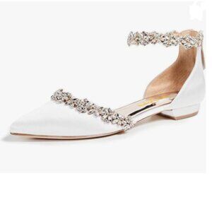 XYD White Pointed Toe Wedding Flat Sandals Sparkly Rhinestones Ankle Strap Shoes